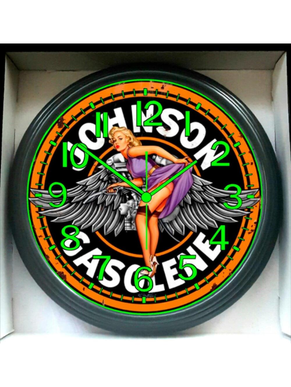 Johnson Gasoline Retro Pin-Up Garage Shop Mechanic Glow in the Dark Wall Clock